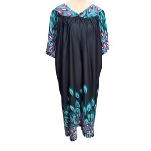 Anthony Richards Peacock Feather Lounger Dress Black Teal Pink Plus Size 2X
